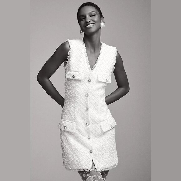 NEW BHLDN Size M, L Ella V-Neck Pearl Tweed Mini Dress - Ivory - Picture 6 of 7